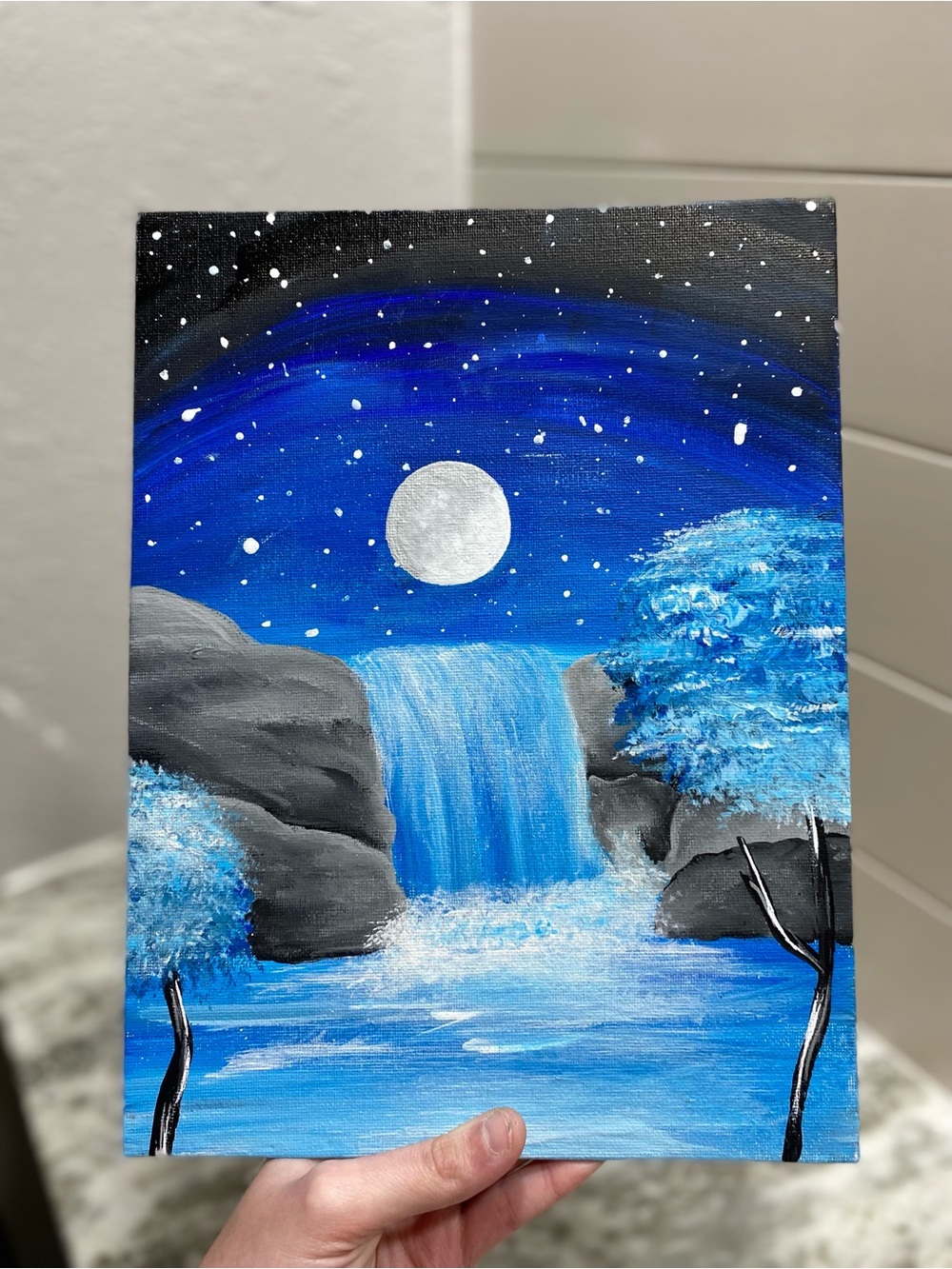 Hand Crafted Blue Waterfall Canvas Board Art